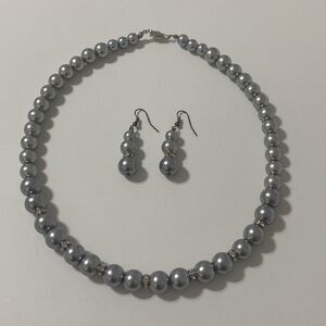 Gray Silver Round Beaded Rhinestone Necklace Drop Earring Lot Barrel Screw Clasp
